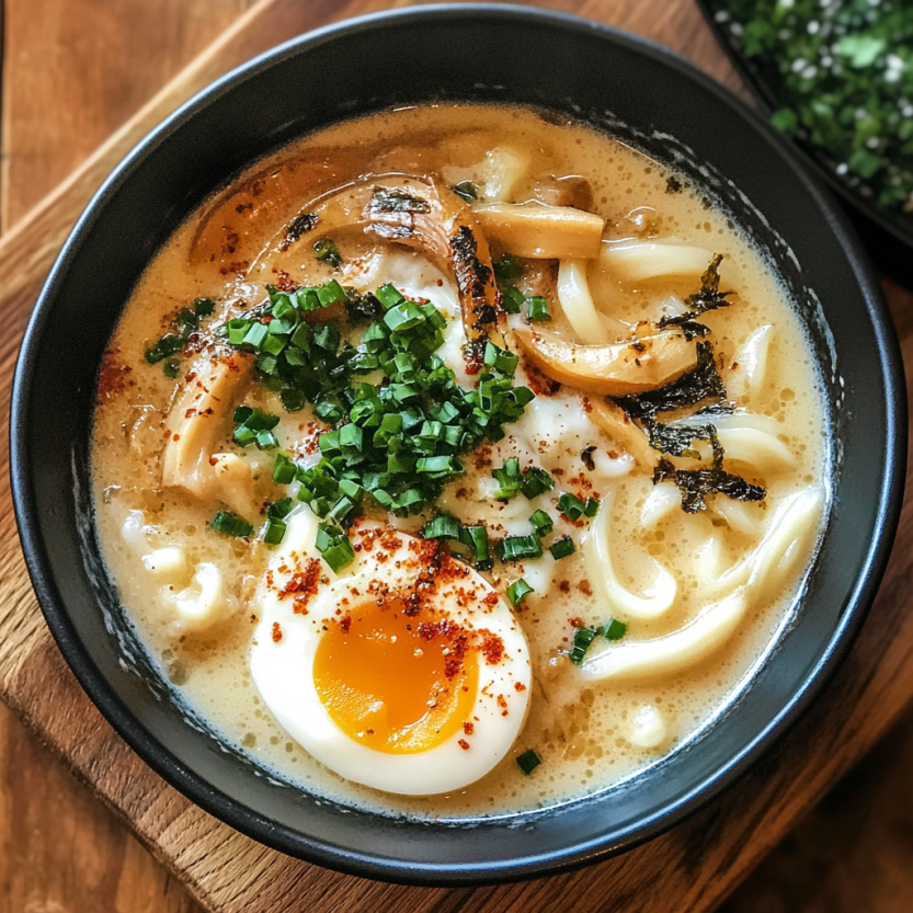 Une soupe de riz au lait de café avec des légumes verts et des œufs.