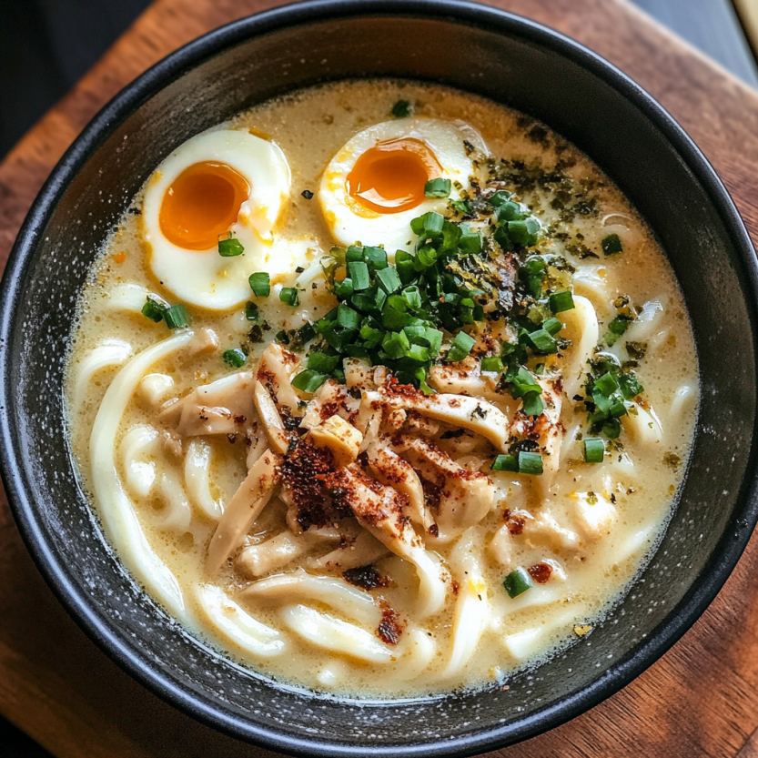 Une assiette de creamy miso udon soup avec des œufs.