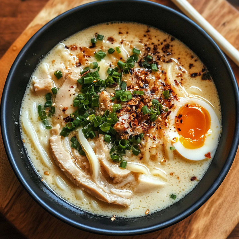 Une soupe de riz brun avec des légumes verts et des oeufs.