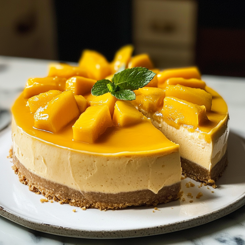 Une tarte aux mangos avec une garniture de menthe.