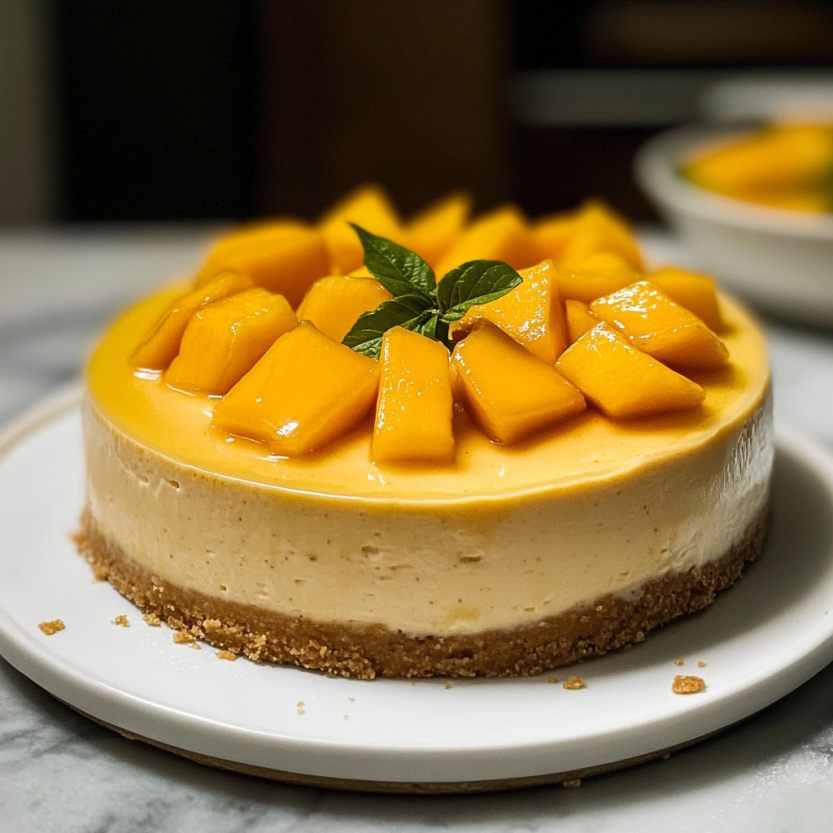 Une tarte aux mangos, sans cruste, sur un plateau en marbre.