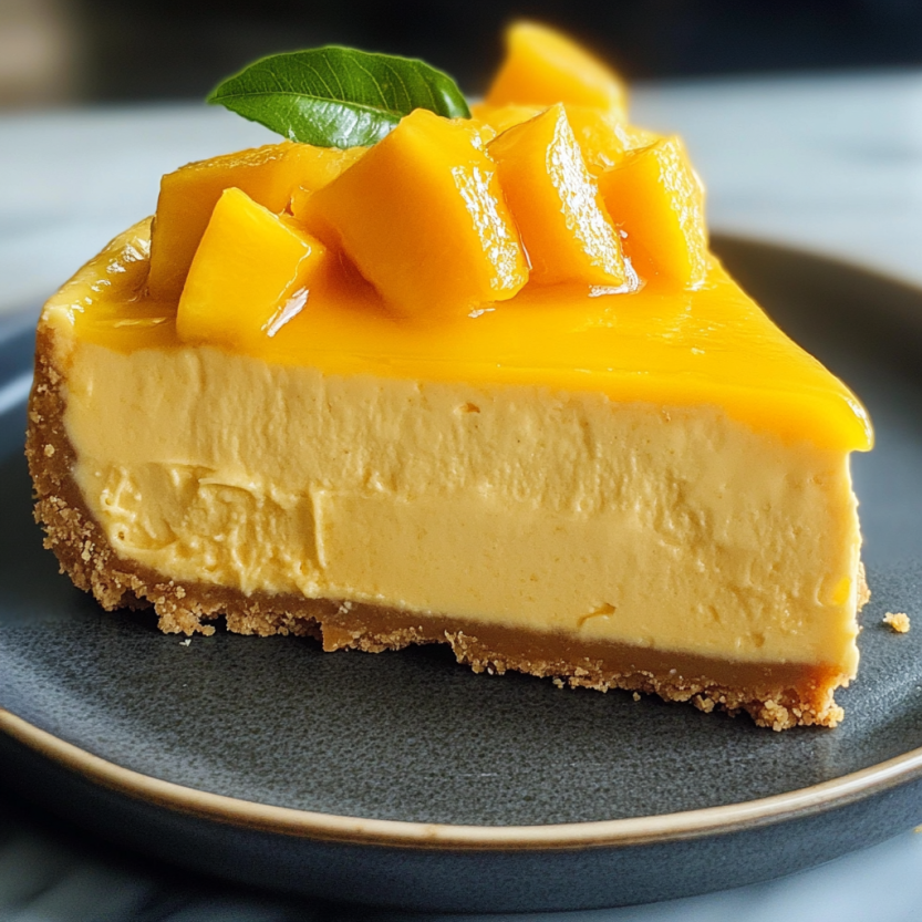 Une tartine de cheesecake mango sur un plateau.
