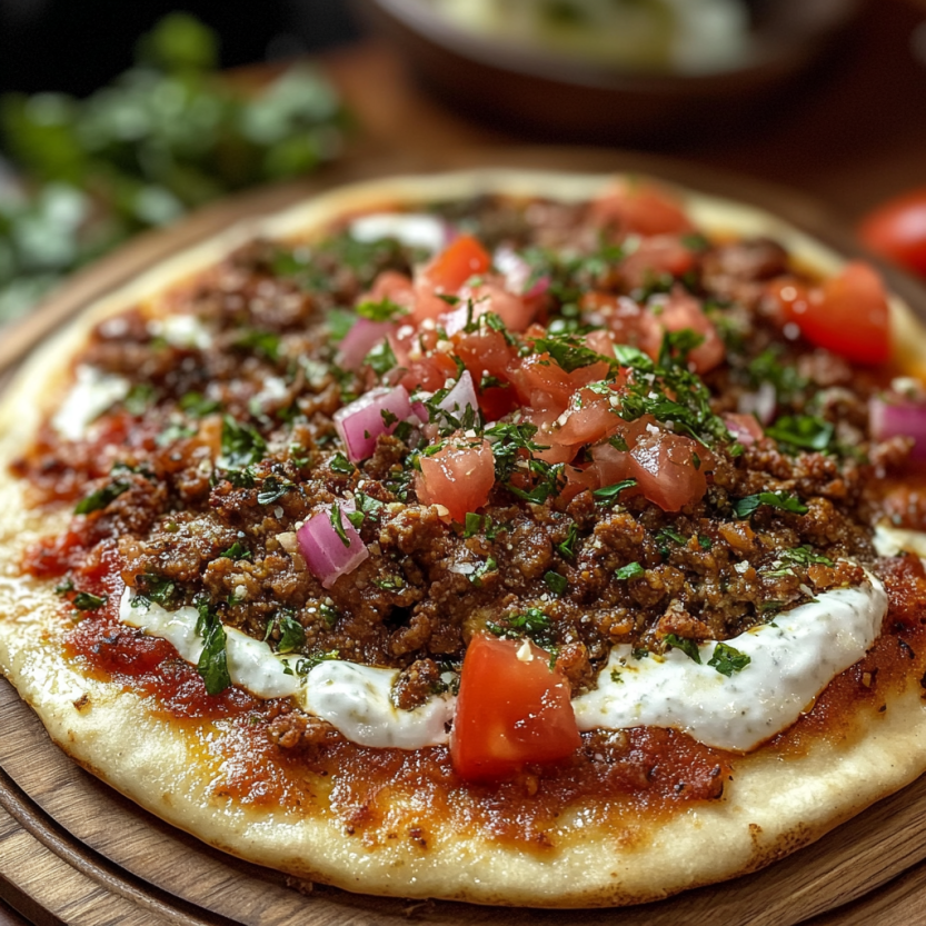 Une pizza maison avec des tomates, des oignons et des herbes.