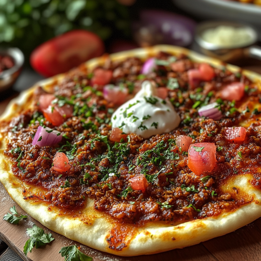 Une pizza maison avec des tomates, des oignons, des épinards et du fromage.