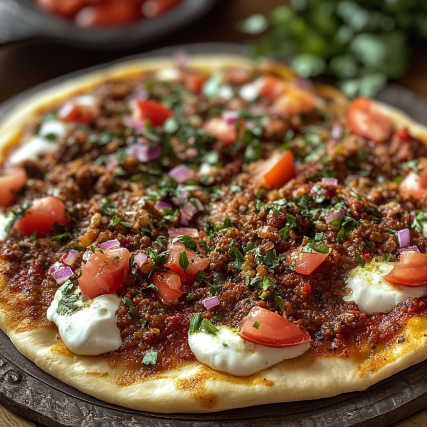 Une pizza maison avec des tomates, des oignons, des épinards et du fromage.