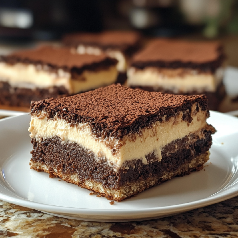 Une plaque de porcelaine avec des morceaux de gâteau de tiramisu.