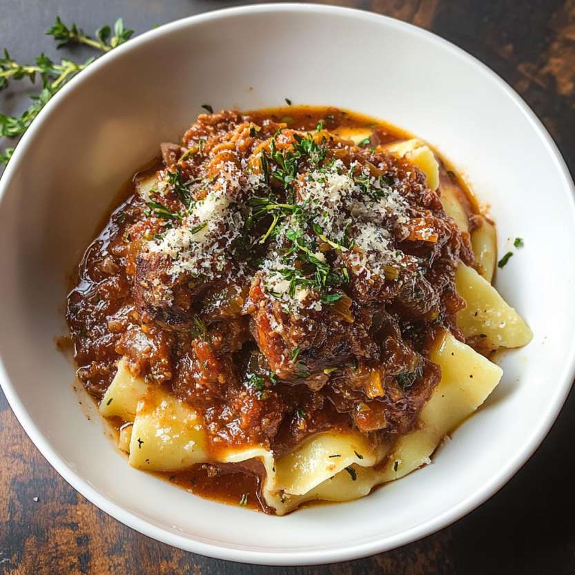 Une assiette de ragu d'agneau italien est servie sur une table.