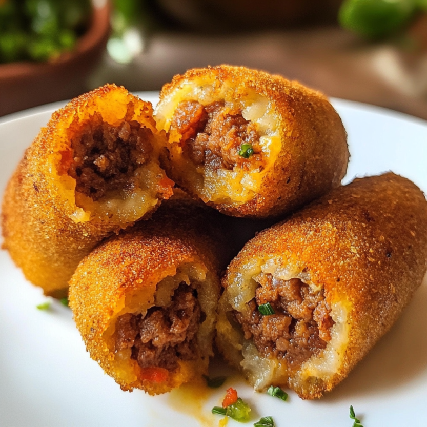 Des croquettes de viande de boeuf servis sur une assiette blanche.