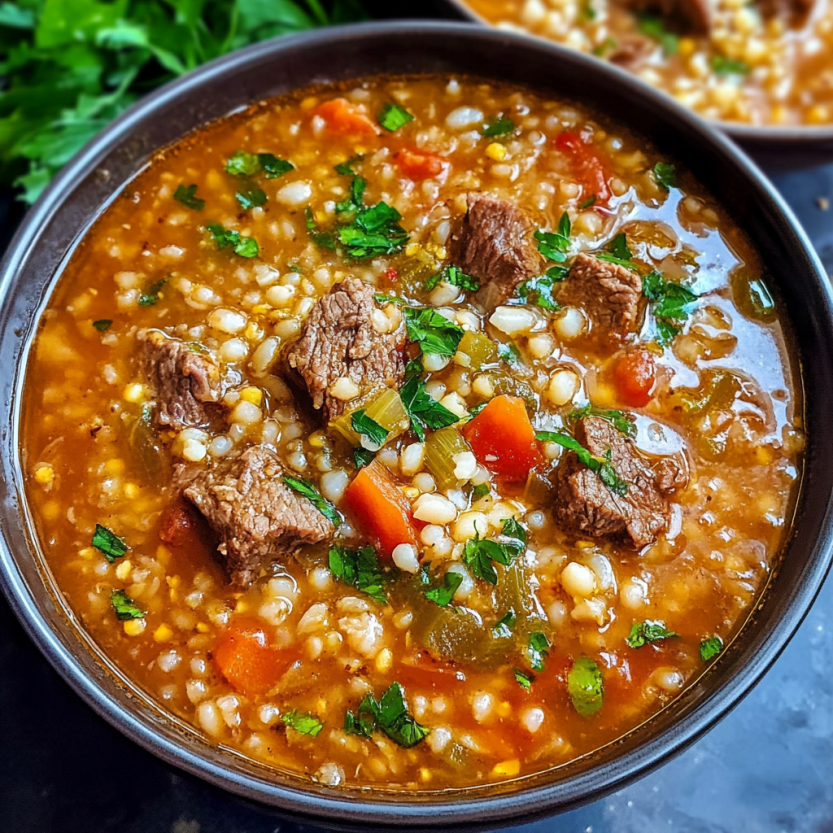 Une soupe de bœuf et de lentilles.