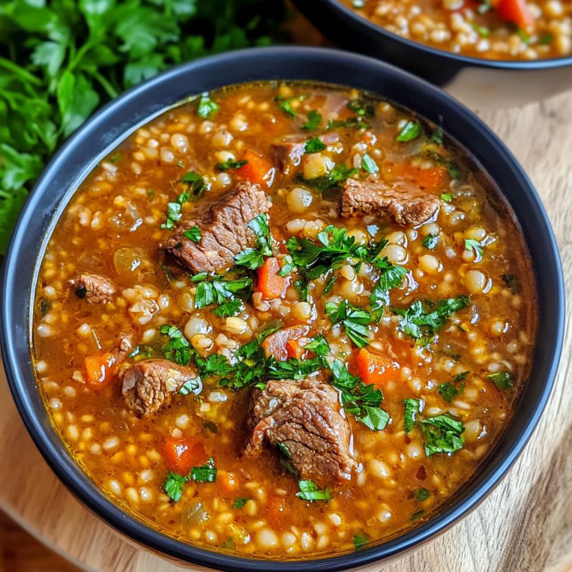 Une assiette de soupe de boeuf et de lentilles.