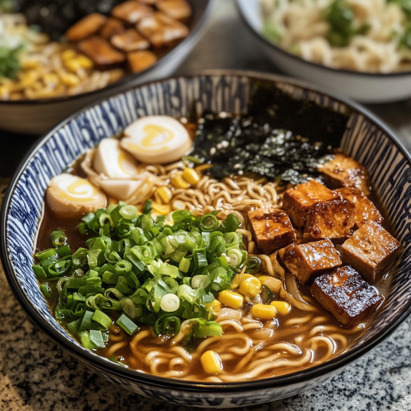 Une assiette de ramen vegan avec des légumes verts.