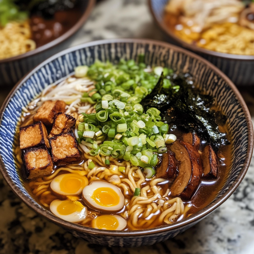 Une assiette de ramen vegan avec des légumes verts et des œufs.