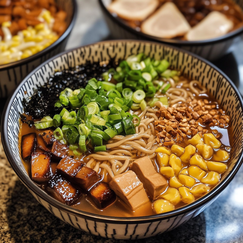 Une assiette de ramen vegan avec des légumes verts et des noix.