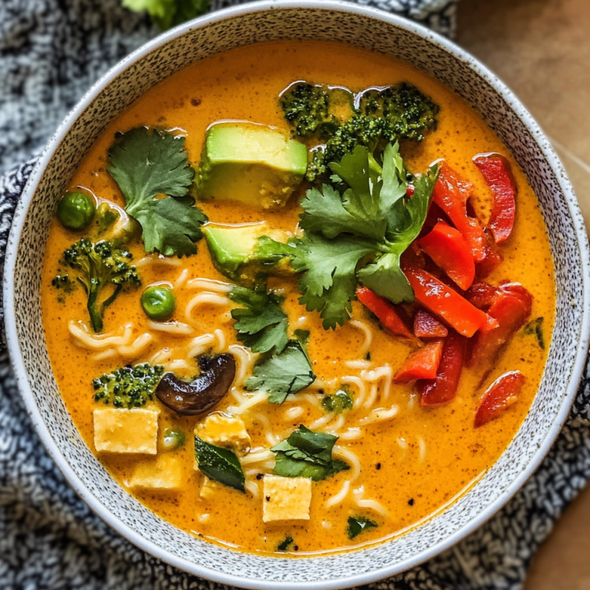 Une assiette de curry ramen avec des légumes verts et des tomates.