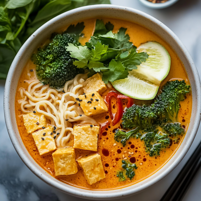 Un bol de curry ramen avec des légumes verts et des herbes.