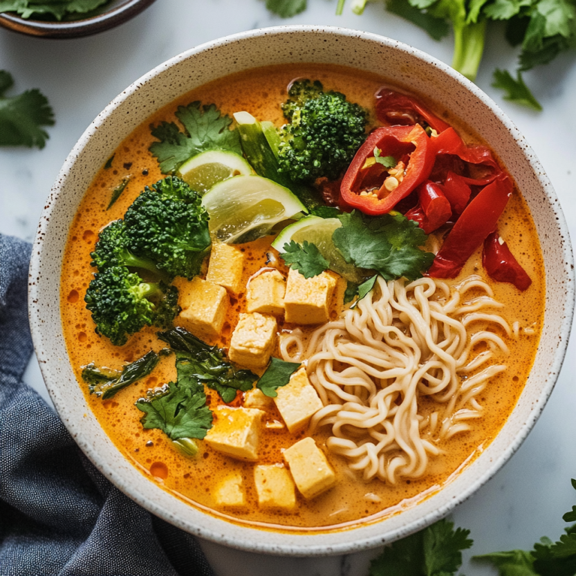 Un bol de curry ramen avec des légumes et des noodles.