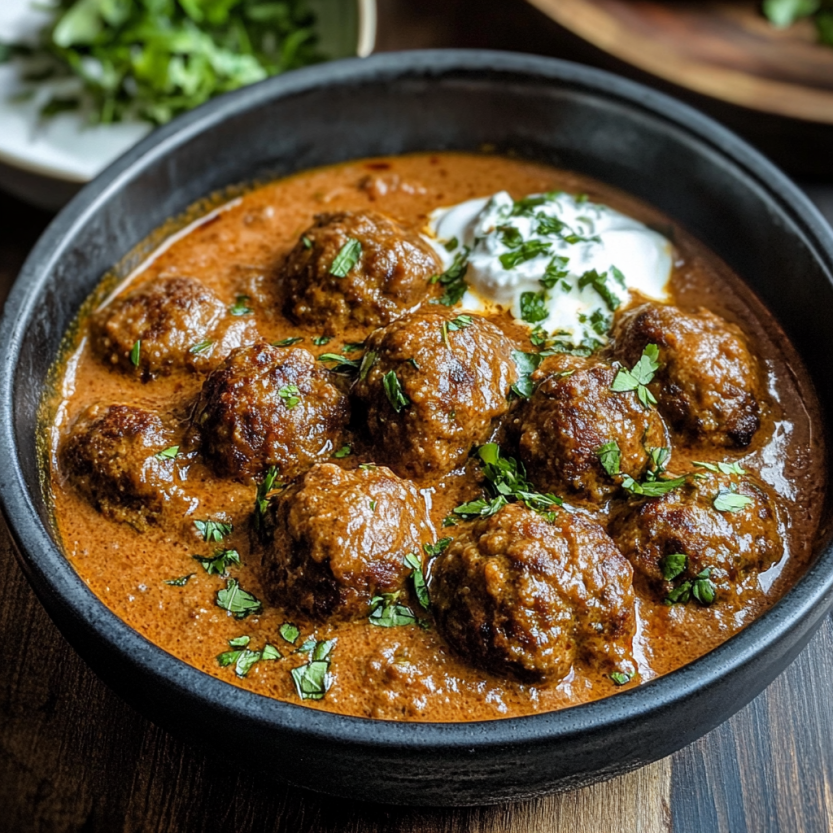 Un bol de curry de viande de mouton avec des herbes et du yaourt de lait.