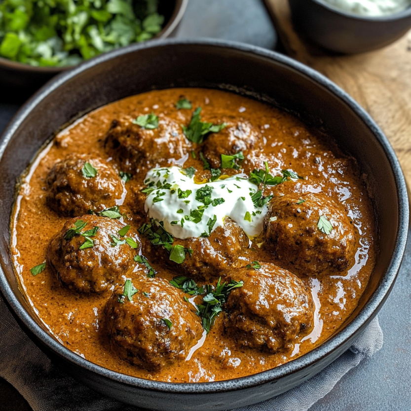 Une assiette de curry de viande de mouton avec des herbes et du yaourt de lait.