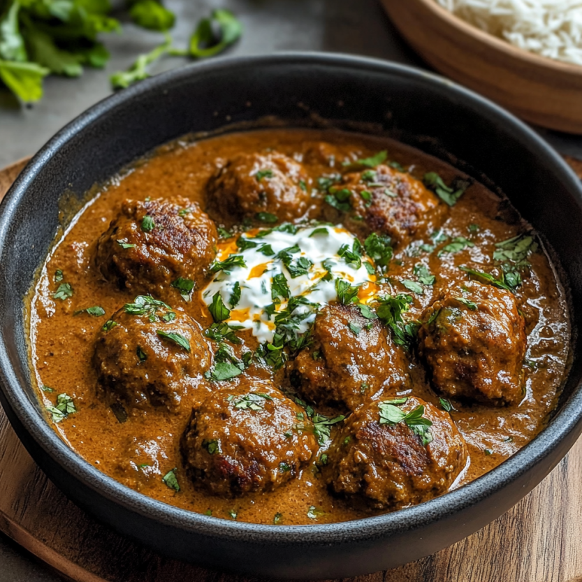 Une assiette de curry de viande de mouton avec des boulettes de viande et de la sauce.