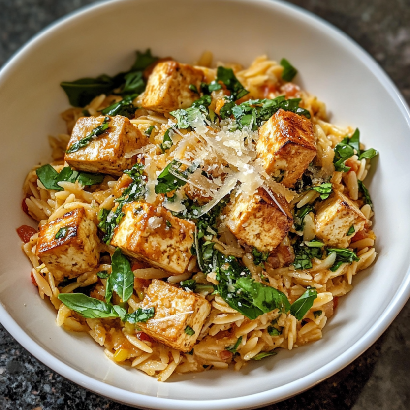 Une assiette de tofu et de pasta.