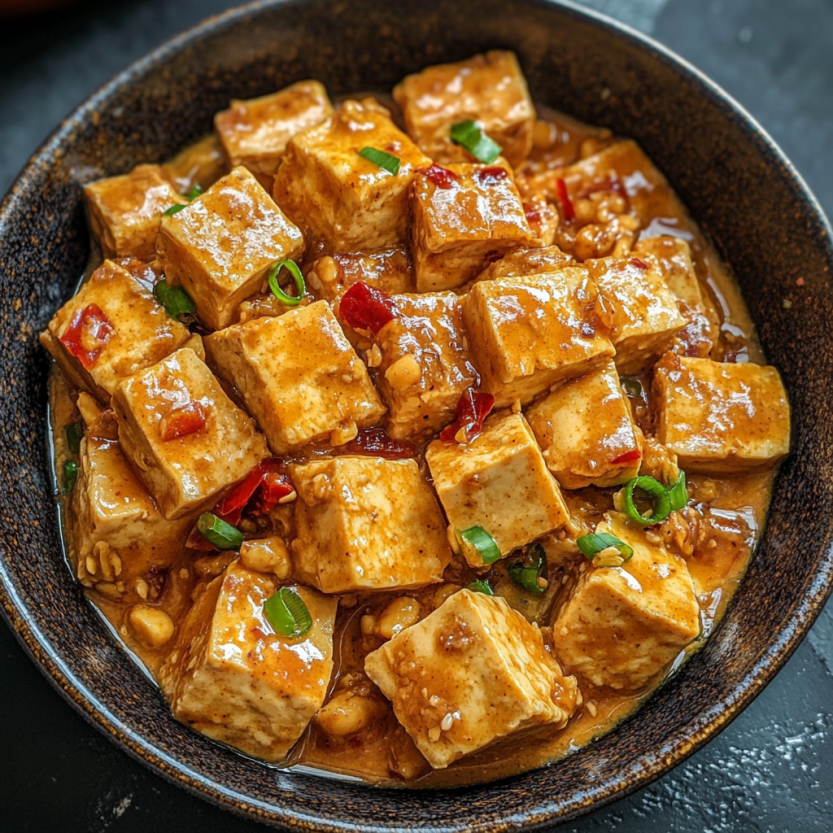 Une assiette de tofu avec sauce de pâte de pois épicée.