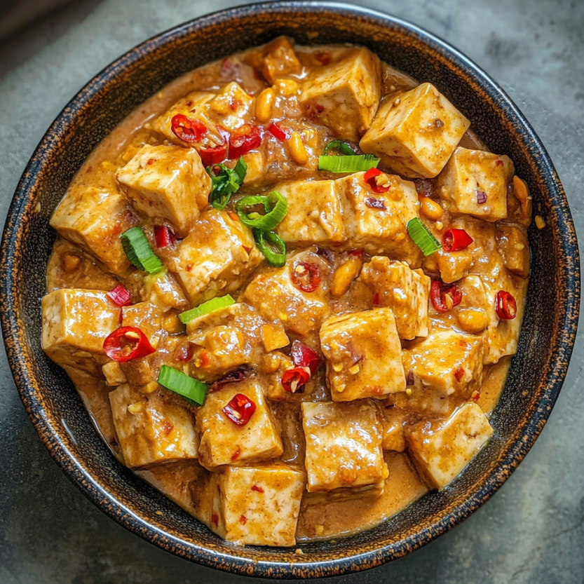 Une assiette de tofu avec sauce de pêne épicée.
