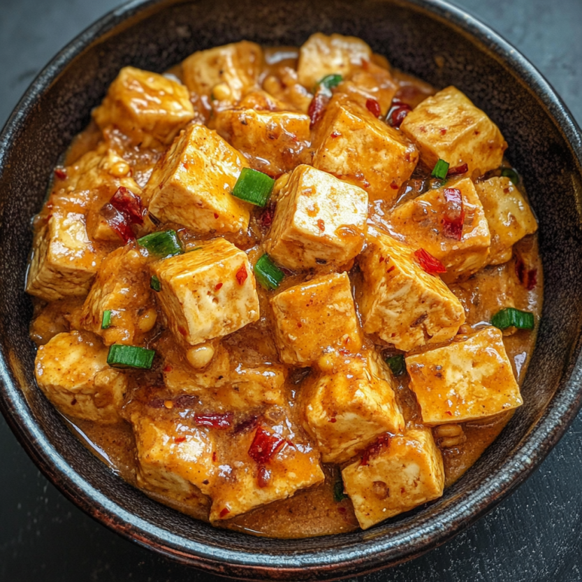 Une assiette de tofu avec sauce de pâte de pois épicée.