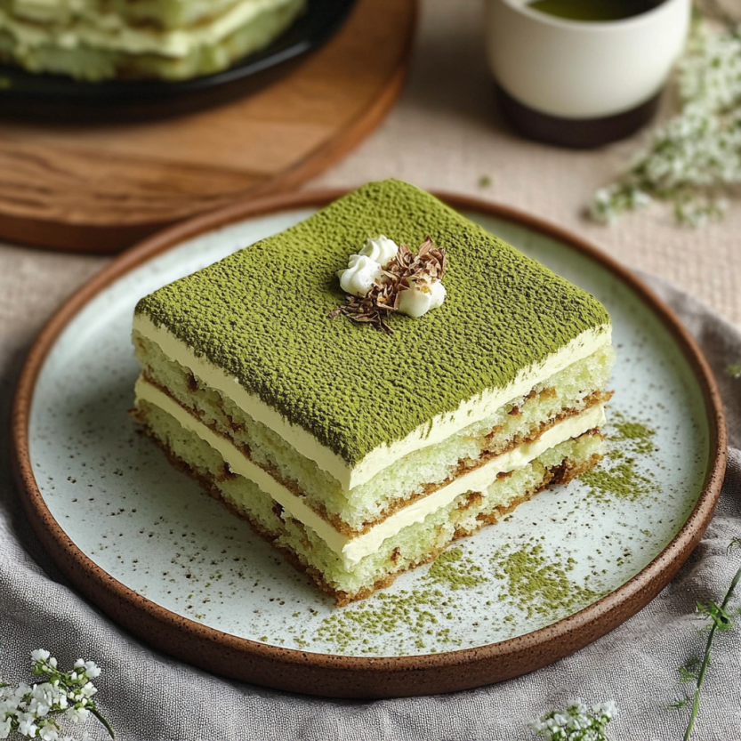 Une tarte au chocolat sans œufs, faite de matcha, est servie sur un plateau.