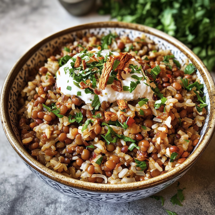 Un bol contenant du riz et des légumes, avec une sauce blanche sur le dessus.