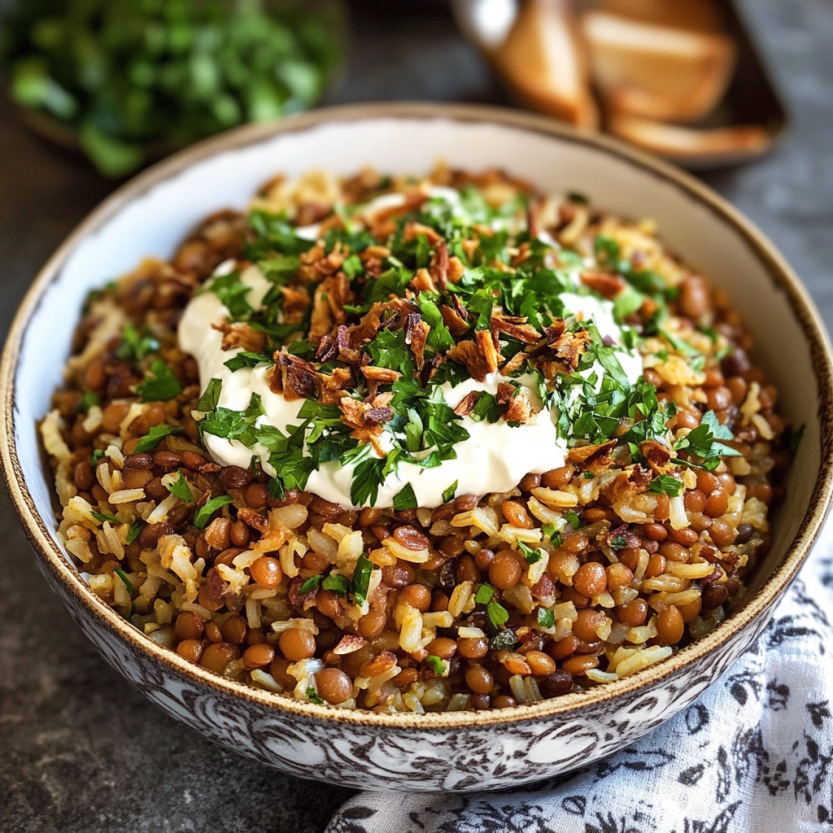 Une assiette de Mujadara Recipe est servie sur une table.