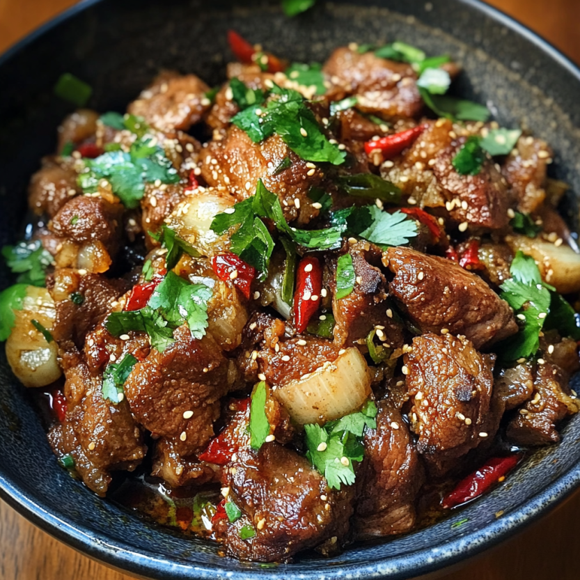 Une assiette de viande de mouton avec des épices et des herbes, incluant du cumin.