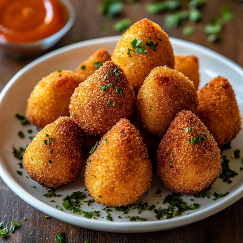 Une assiette de croquettes de poulet brésiliennes.