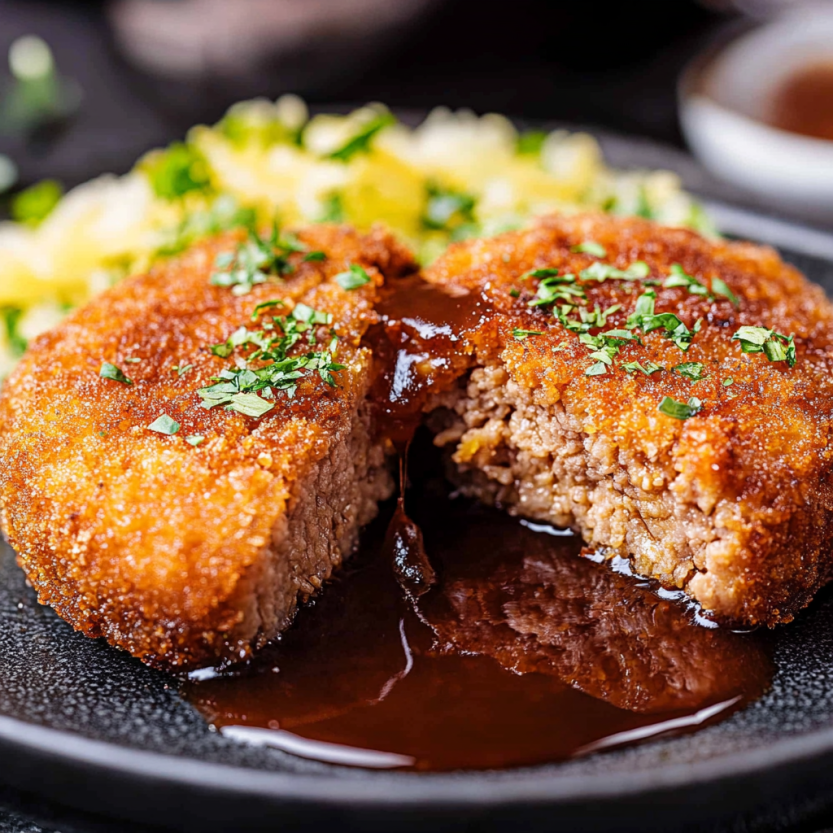 Une image de Menchi Katsu (Japanese Ground Meat Cutlet) sur un plateau noir avec une sauce.