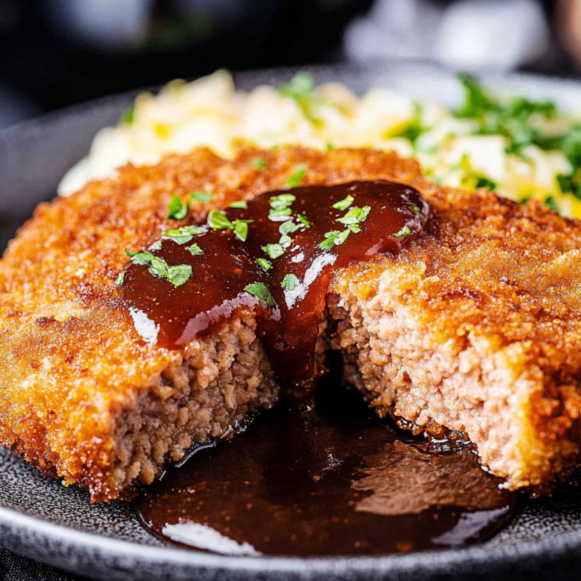 Une image de Menchi Katsu (Japanese Ground Meat Cutlet) avec du sauce.