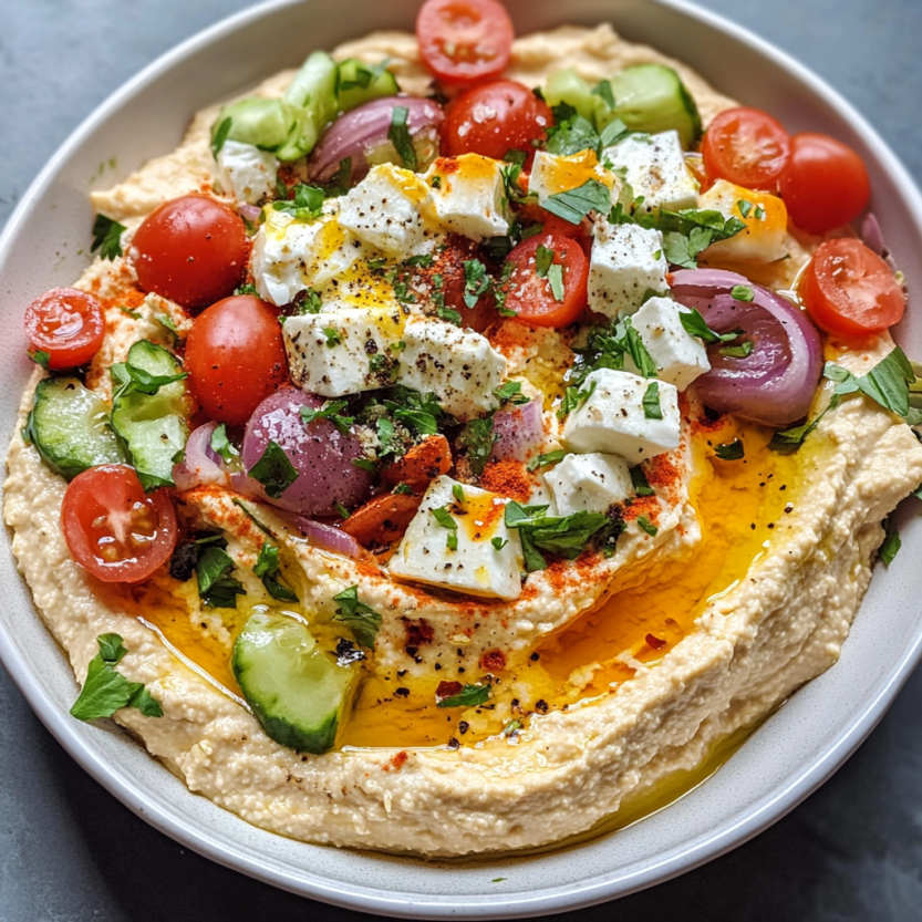 Une assiette de hummus garnie de légumes et de fromage.