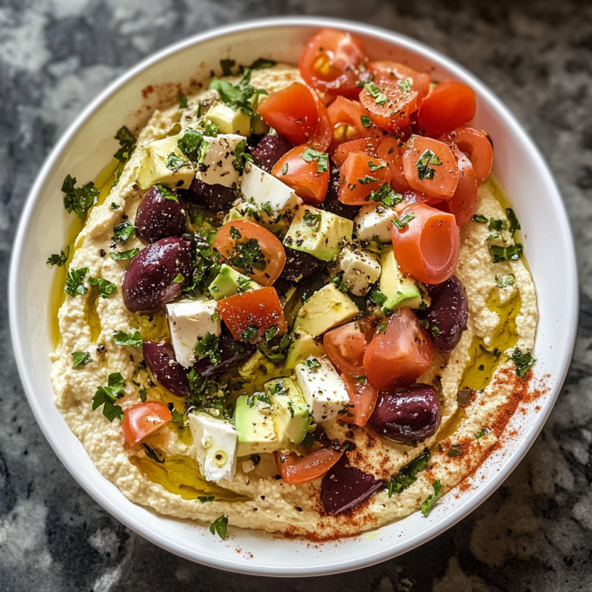 Une assiette de hummus grec avec des légumes et des herbes.