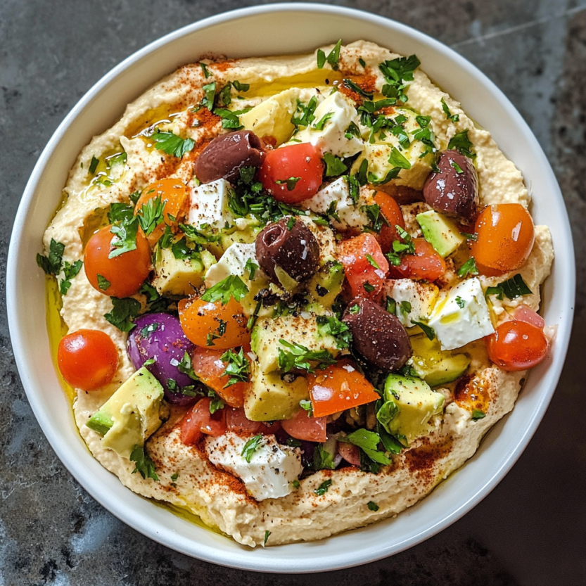 Une assiette de hummus garnie de légumes et d'olives.