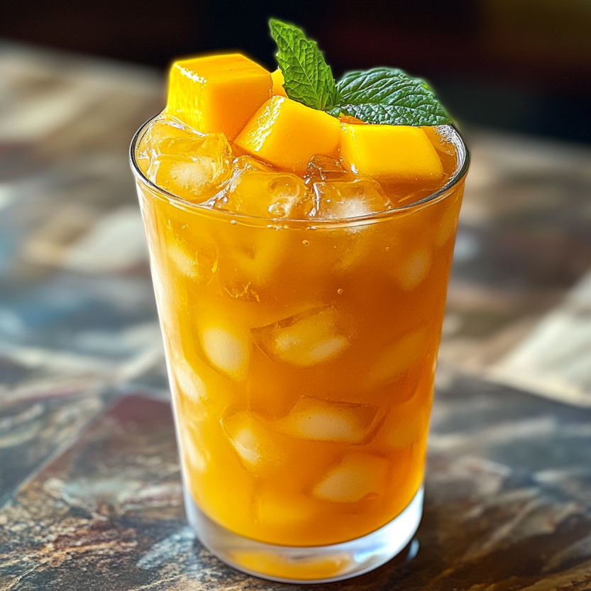 Une tasse de thé glacé avec des morceaux de mangue dessus.