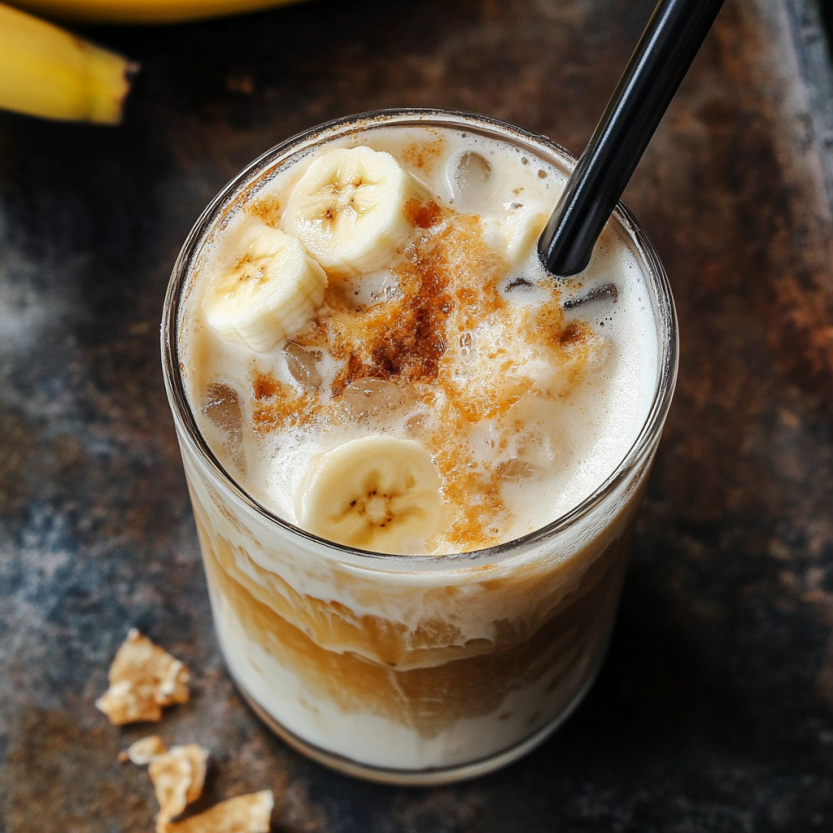 Un verre de café au lait avec des bananes sur le dessus.