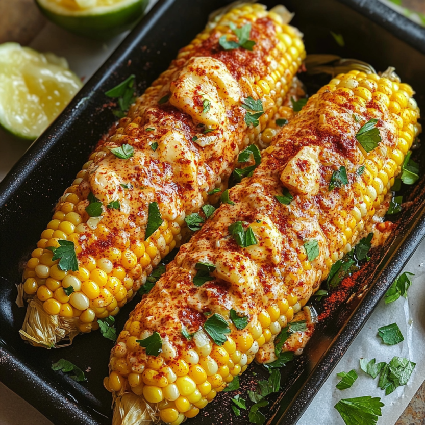 Une cob de maïs grillé avec du paprika, du garlic et du beurre.