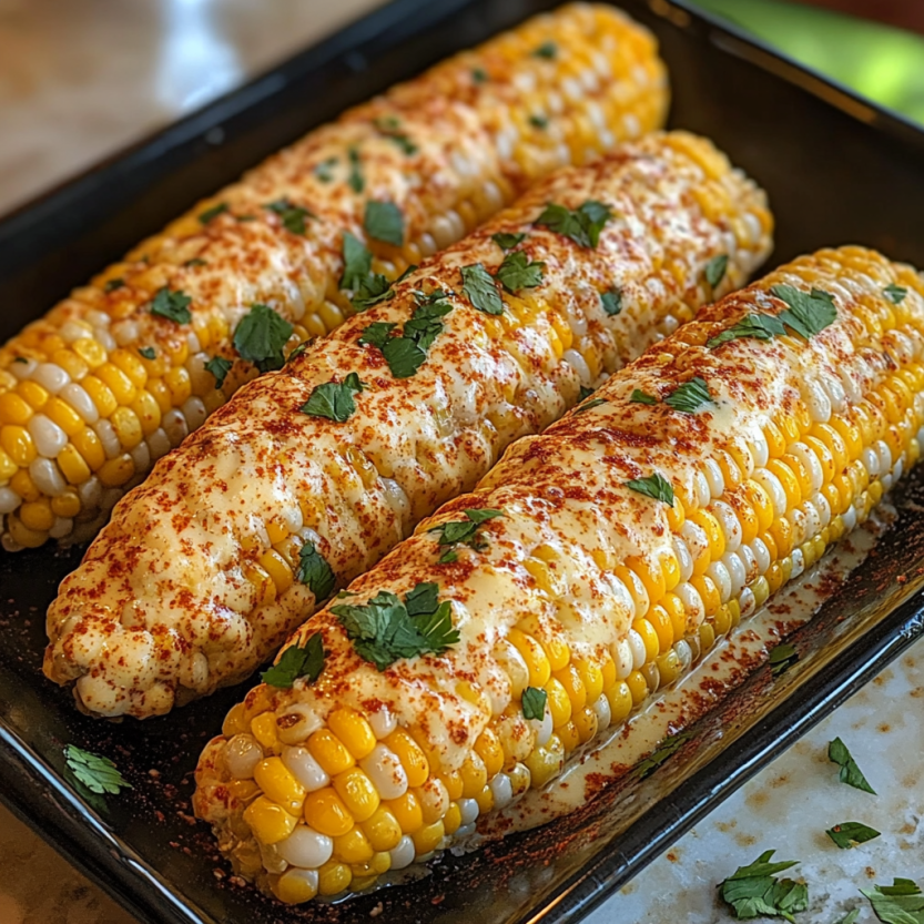 Une assiette de maïs grillé avec du paprika et du persil.