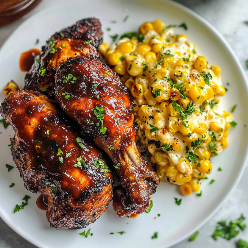 Une assiette de nourriture avec des chops de poulet grillé et des cornichons grillés.