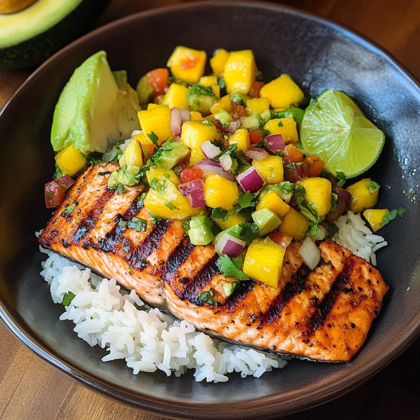 Une image de poisson grillé avec une salsa de mangue et du riz de coco.