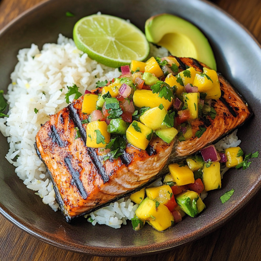 Salmon grillé avec une salsa de mangue et du riz de coco.