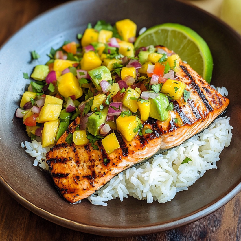 Salmon grillé avec une salsa de mangue et riz de coco.