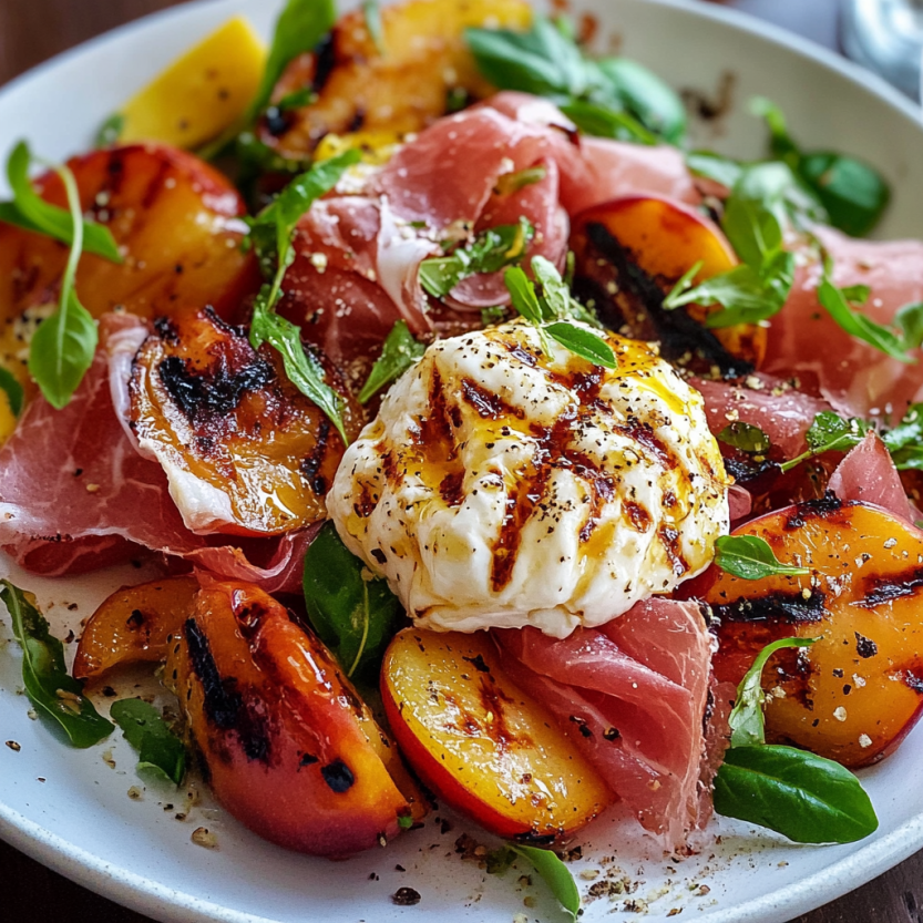 Une salade composée de grilled nectarines, prosciutto et burrata.