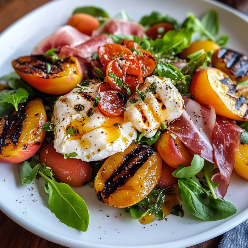 Une salade de grilled nectarine, burrata, prosciutto et salade verte.