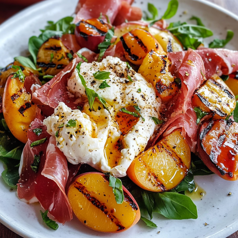 Une salade de grilled nectarines avec des burrata, prosciutto et des feuilles de basilic.
