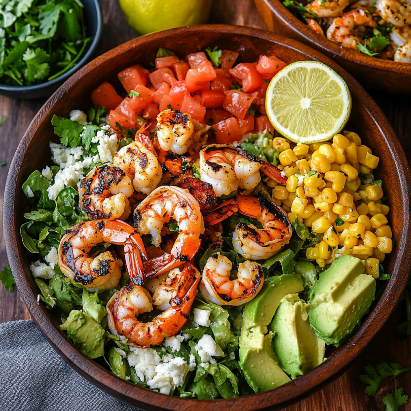 Une salade de camarones grillés mexicains avec des légumes et des avocats.