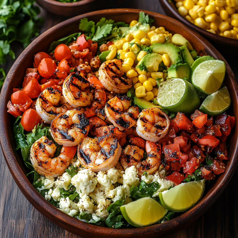 Une salade de crevettes grillées mexicaines avec des légumes et des fruits.